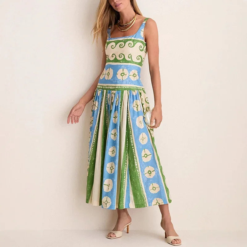 Printed Sleeveless Backless V Neck Midi Dress for Women