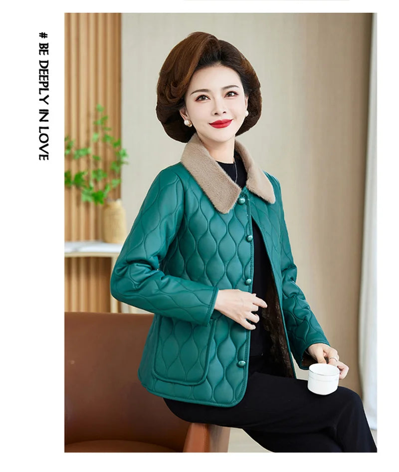 Winter Plush Jacket Winter Mom's Fashion Plus Size Loose Thick Fur Collar Coat For Mid-Aged Women With Velvet Warm Quilted Coat