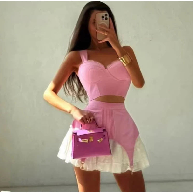 Patchwork Lace Sleeveless Mini Skirt And Camisole Set for Women