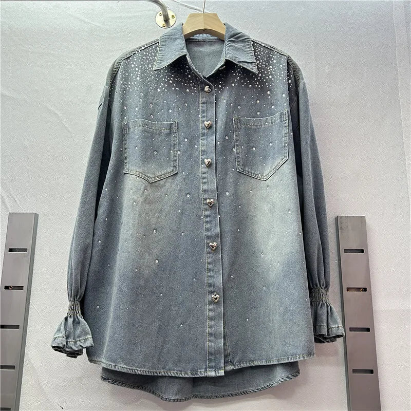 ANJY Autumn New Women Ins Shirt Studded Diamonds Distressed Denim Coat Pockets Single Breasted Elegant Vintage Casual Tops A9973