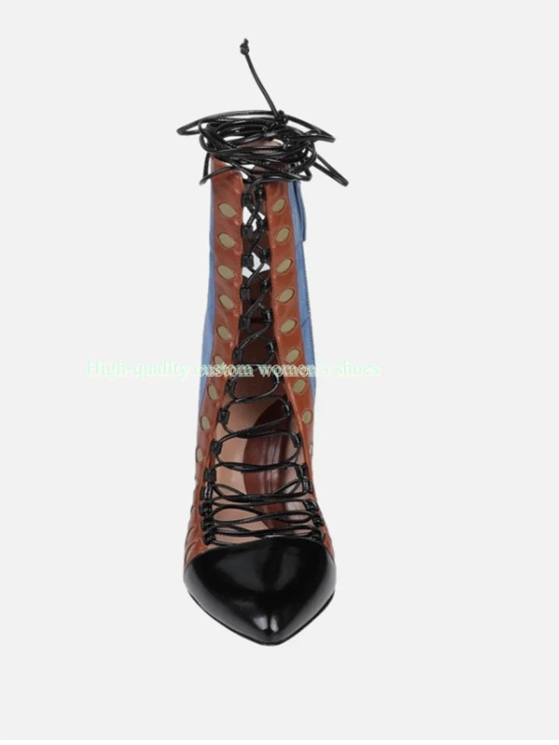 Retro Multicolor Hollow Out Chunky Heel Ankle Boots for Women