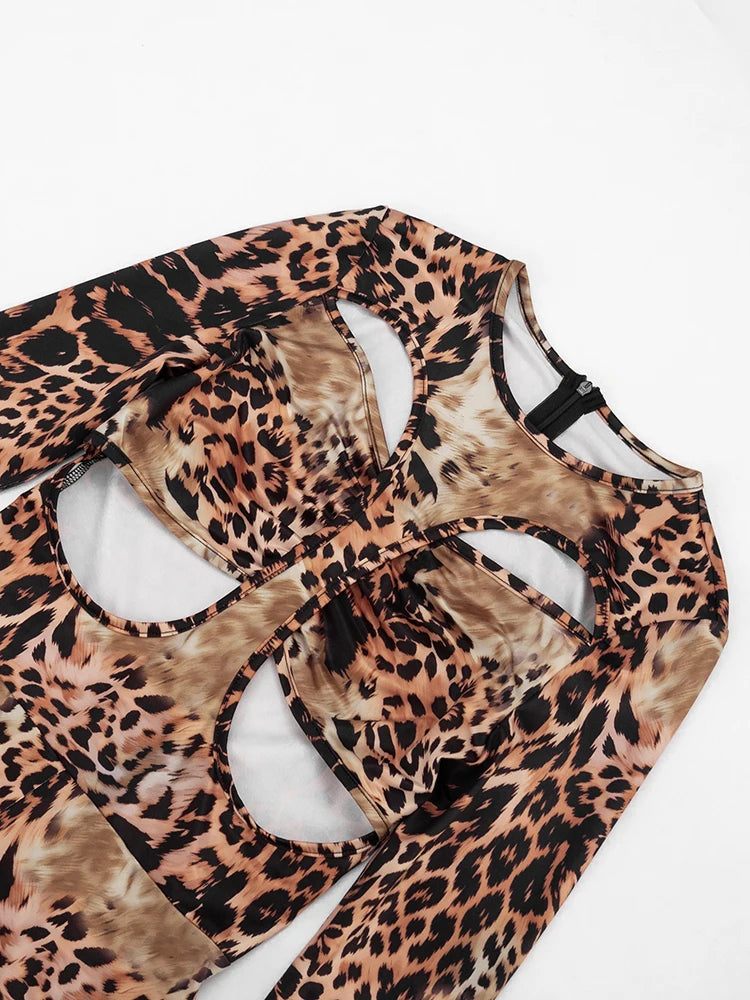 Leopard Print Hollow Out Two Piece Playsuit for Women