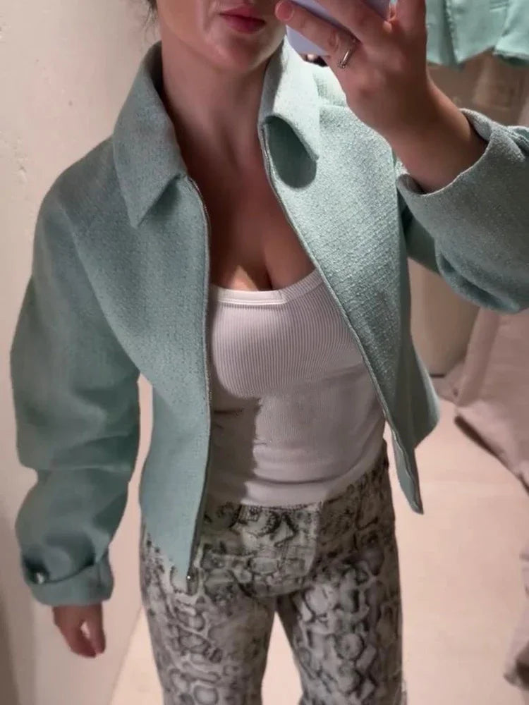 Chic Slim Fit Lapel Zipper Casual Short Coat for Women