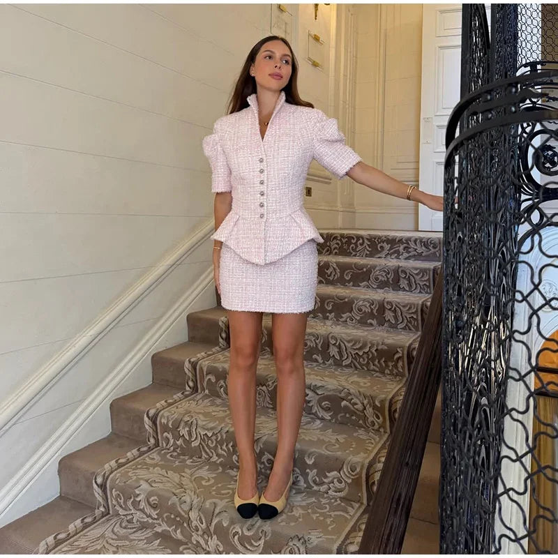 Elegant Short Sleeve Blazer and Skirt Set for Women