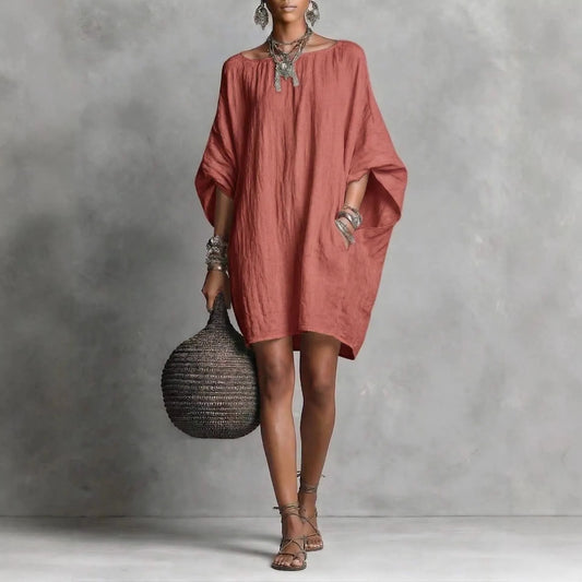 Solid O Neck Loose Dress