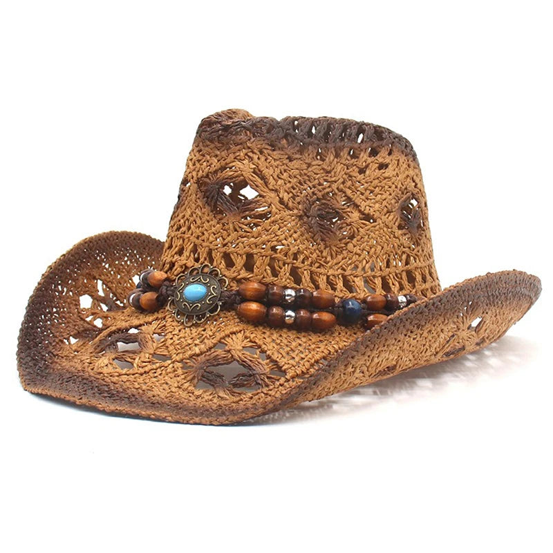 Creative Curled Straw Ethnic Beaded Chain Cowboy Hat for Women