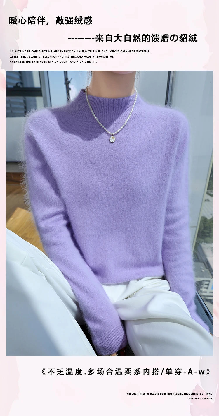Loose Cashmere Knit Half High Neck Pullover Sweater for Women