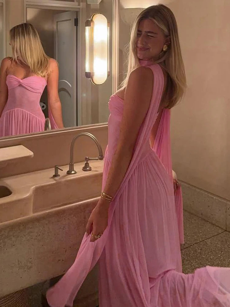 Mesh Shirred Strapless Maxi Dress
