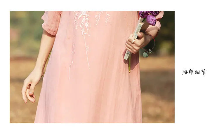 Elegant Floral Embroidered Ramie + Cheongsam Dress + for Women
