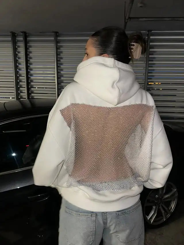American Gothic Sexy Hollow Mesh Hoodie Y2K Clothes Womens Fashion Translucent Pullover Sweatshirt Casual Long Sleeves Jacket
