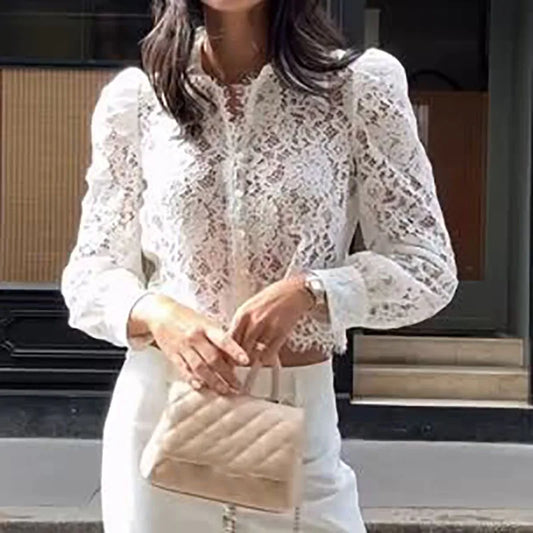 New Elegant Embroidered Solid Color Tees Autumn Sexy Perspective Slim Club Tops Blouses Fashion Lace Long Sleeved Women's Shirt