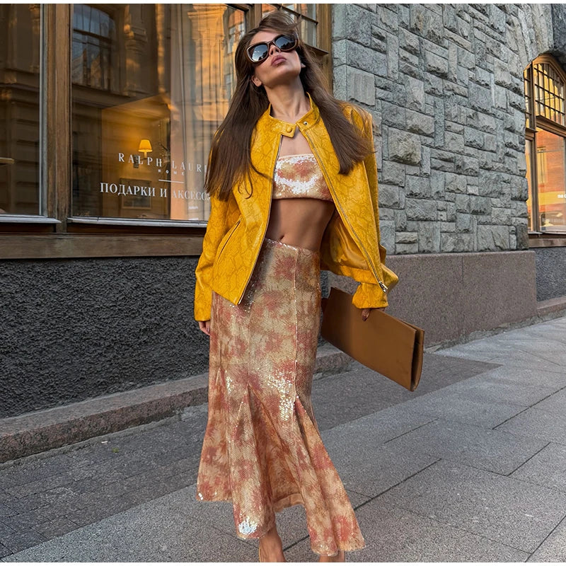 Retro Snake Print Faux Leather Cropped Jacket for Women