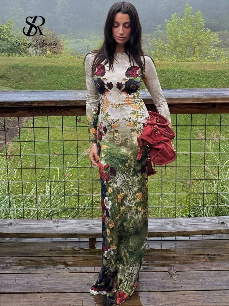 Vintage Floral Print Long Sleeve Maxi Dress for Women