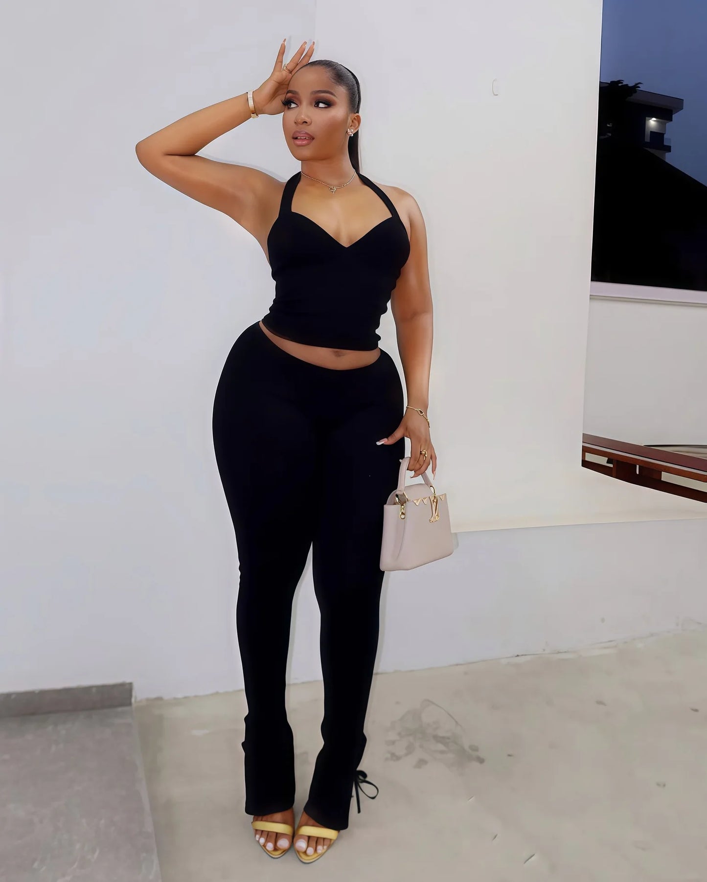 Solid Color Halter Neck Crop Top Two Piece Set for Women