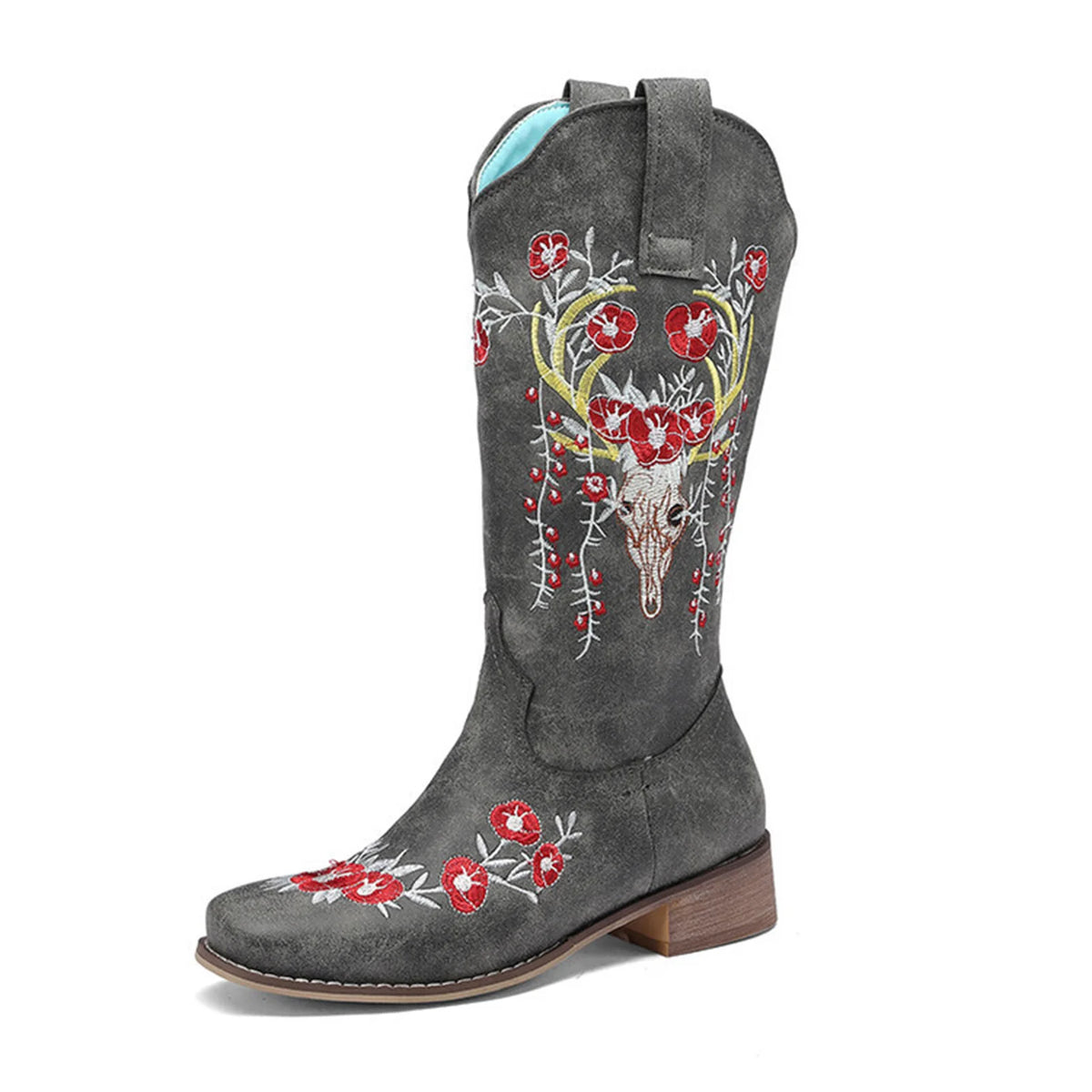 Floral Embroidered Mid-Calf Western Boots for Women