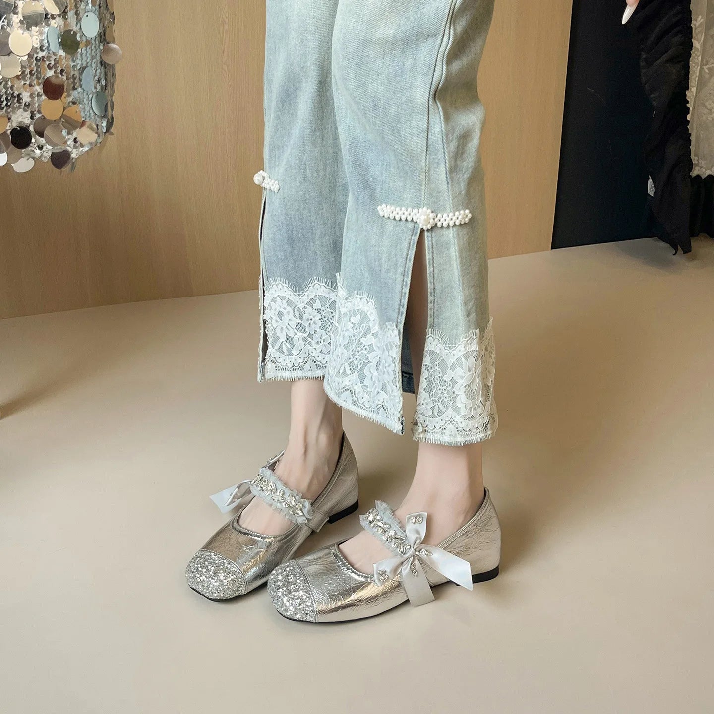 Elegant Rhinestone Bowknot Mary Jane Flats For Women