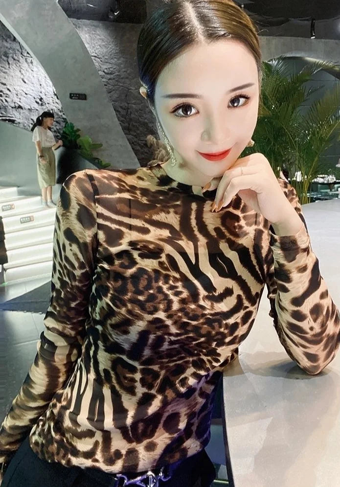 Top Female Mesh Leopard Print Women's Long Sleeve T-shirt Mature Spring Autumn Sexy Korean Reviews Many Clothes Japanese Vintage
