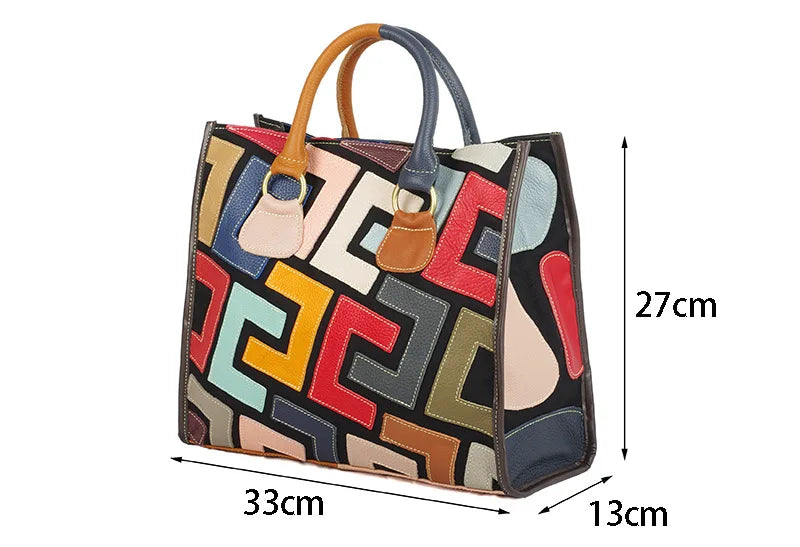 Genuine leather women's bag, ethnic style color contrasting design, large capacity tote bag, women's handbag