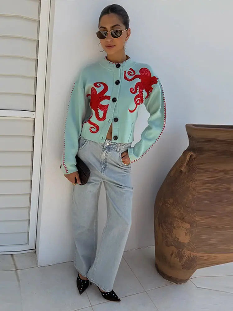 Elegant Knitted Octopus Jacquard Cardigan for Women