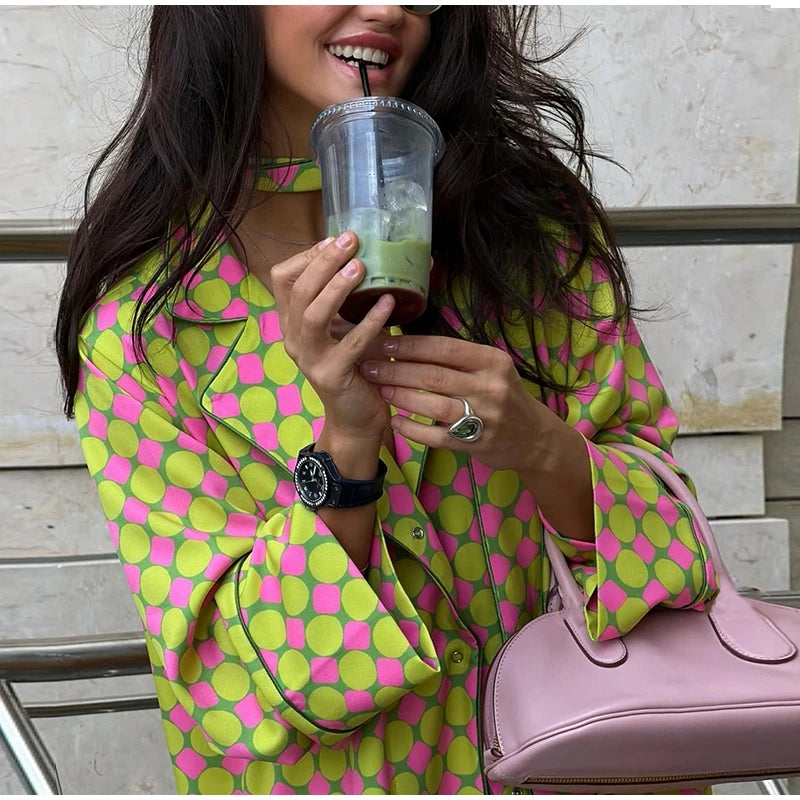 Geometric Printed Wide Leg Loose Pants Set for Women