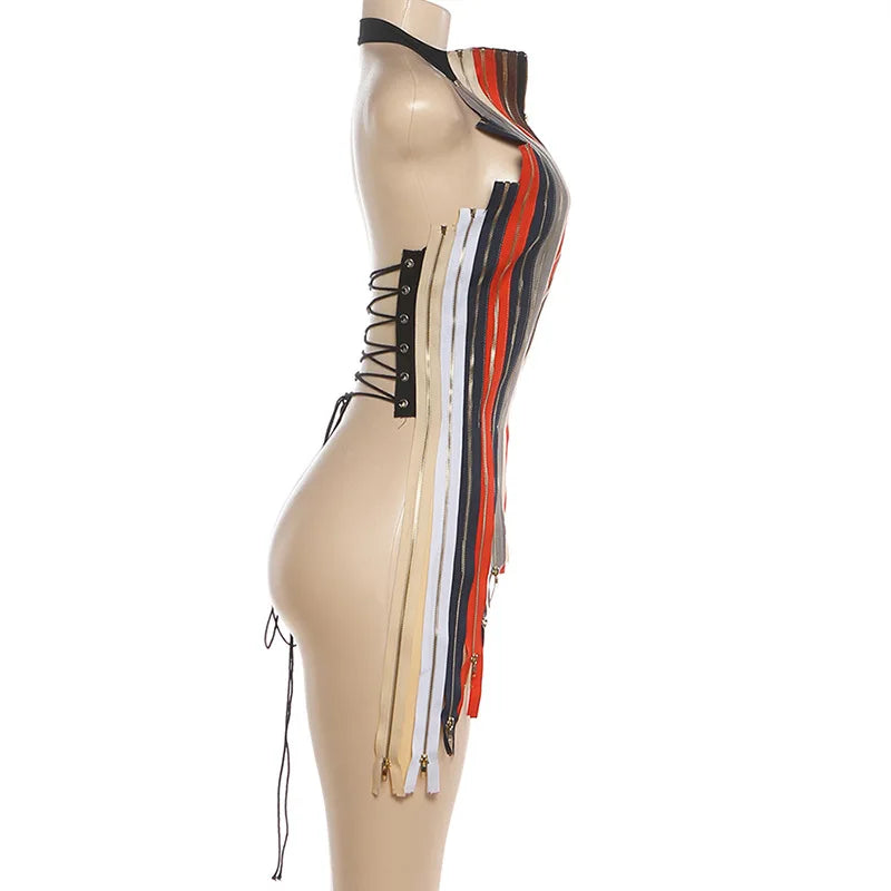 Multicolor Zipper Fringe Halter Top Backless Bodycon for Women