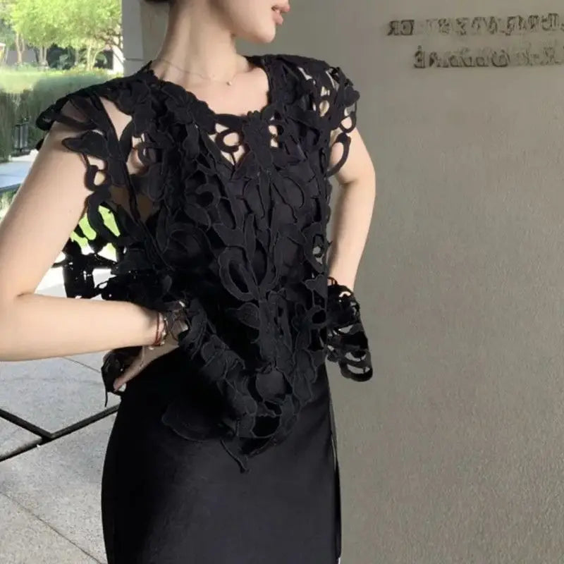 Embroidered Lace Loose Sleeveless Blouse for Women