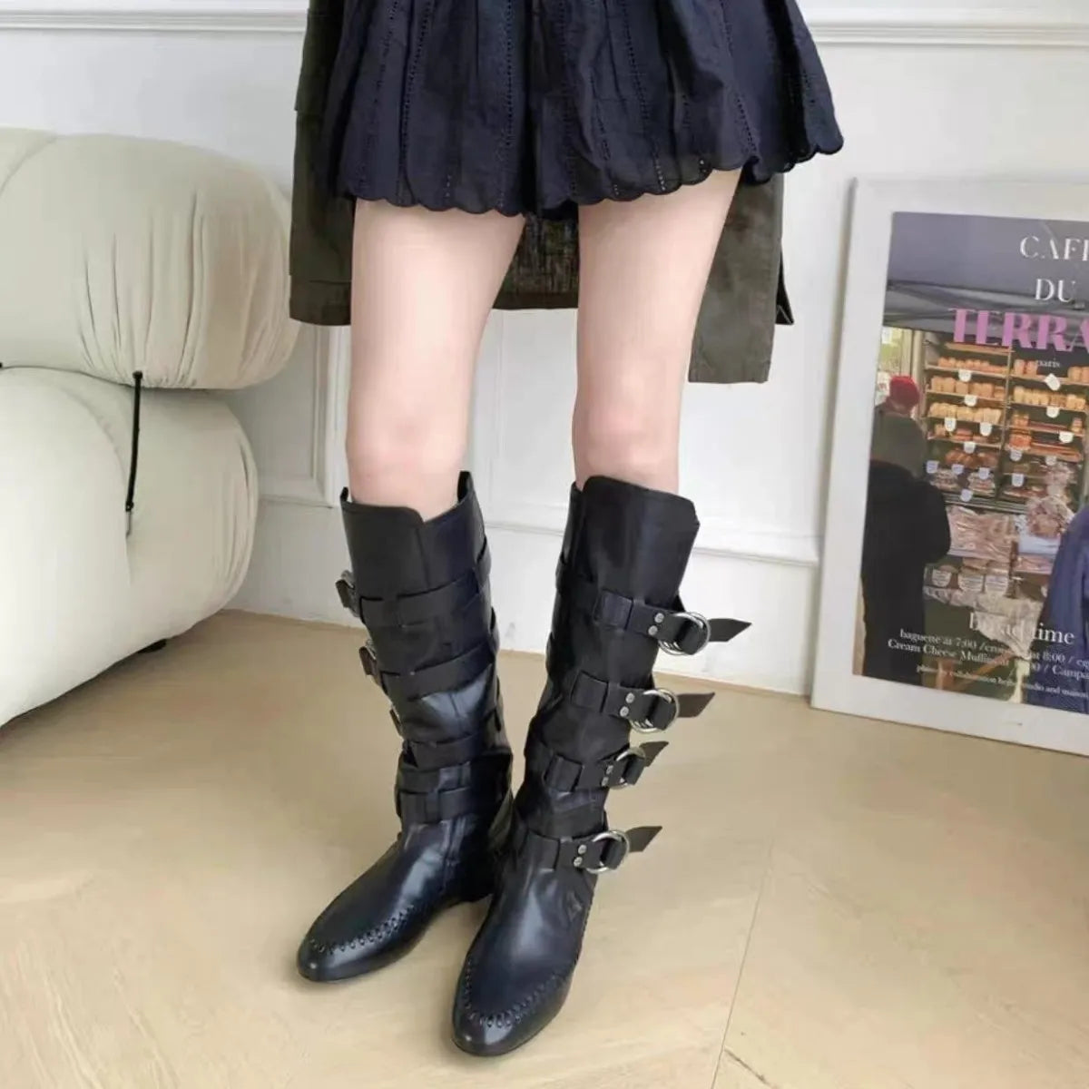 Flat Bottom Real Leather Mid Calf Boots With Metal Buckle For Women