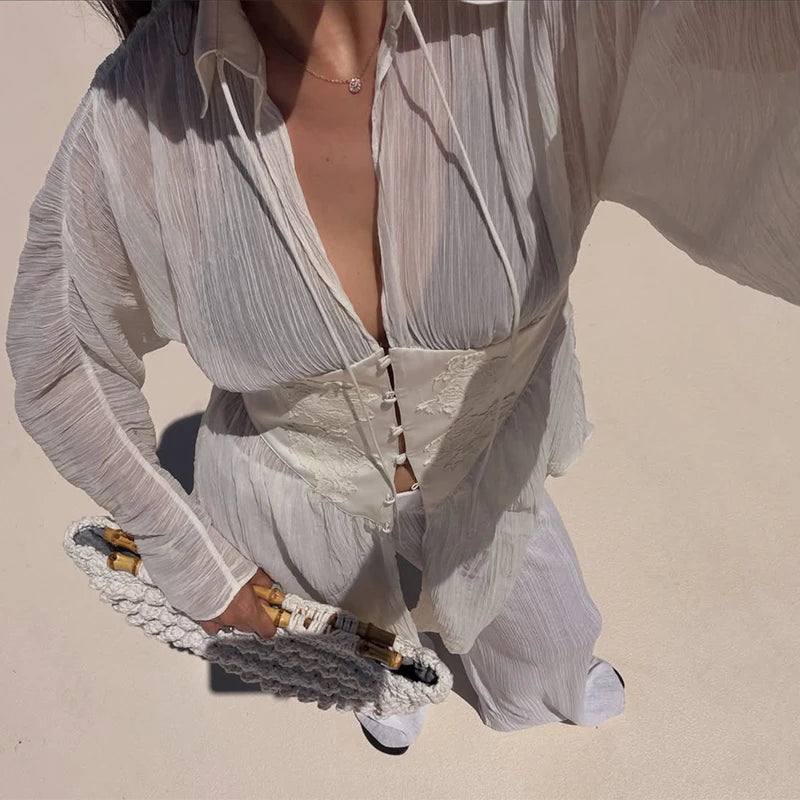 Elegant See-Through Patchwork Long Sleeve Top for Women