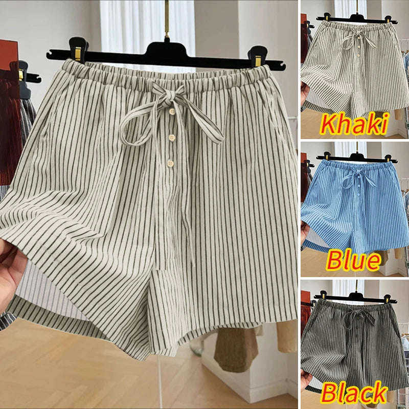 ZANZEA Woman Fashion Striped Shorts 2025 Summer Lightweight Elastic Waist Lace-Up Short Trousers Casual Loose Day Wear Bottoms