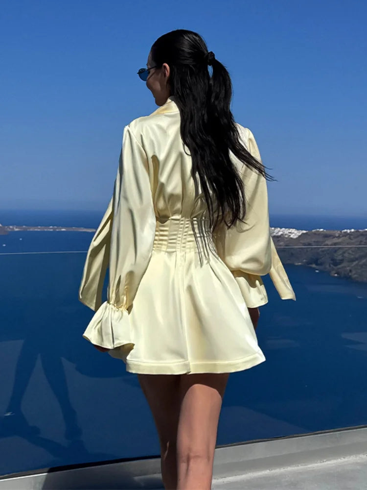Pale Yellow Satin Puff Sleeve Ruched Waist Dress For Women