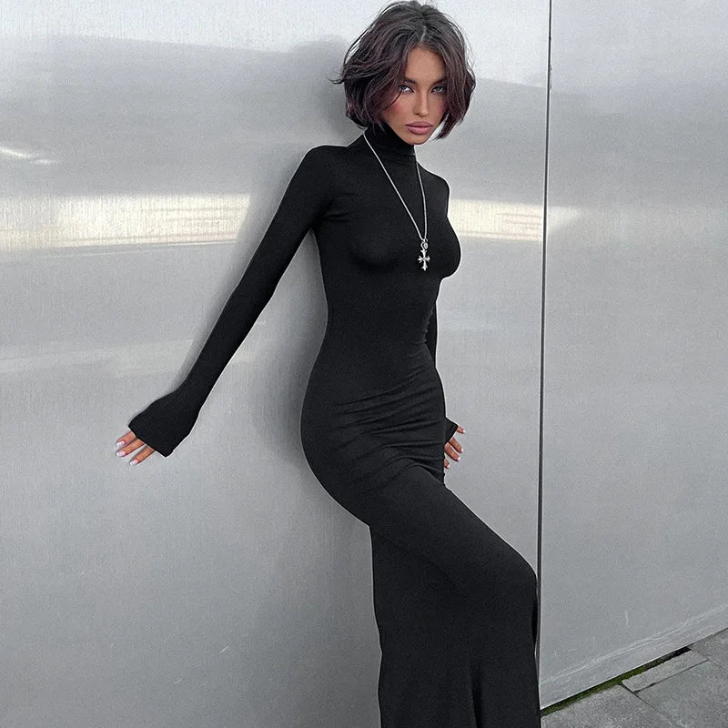 Cryptographic Fall Winter Turtleneck Elegant Long Sleeve Maxi Dress Outfits for Women Casual Fashion Bodycon Dresses Vestido