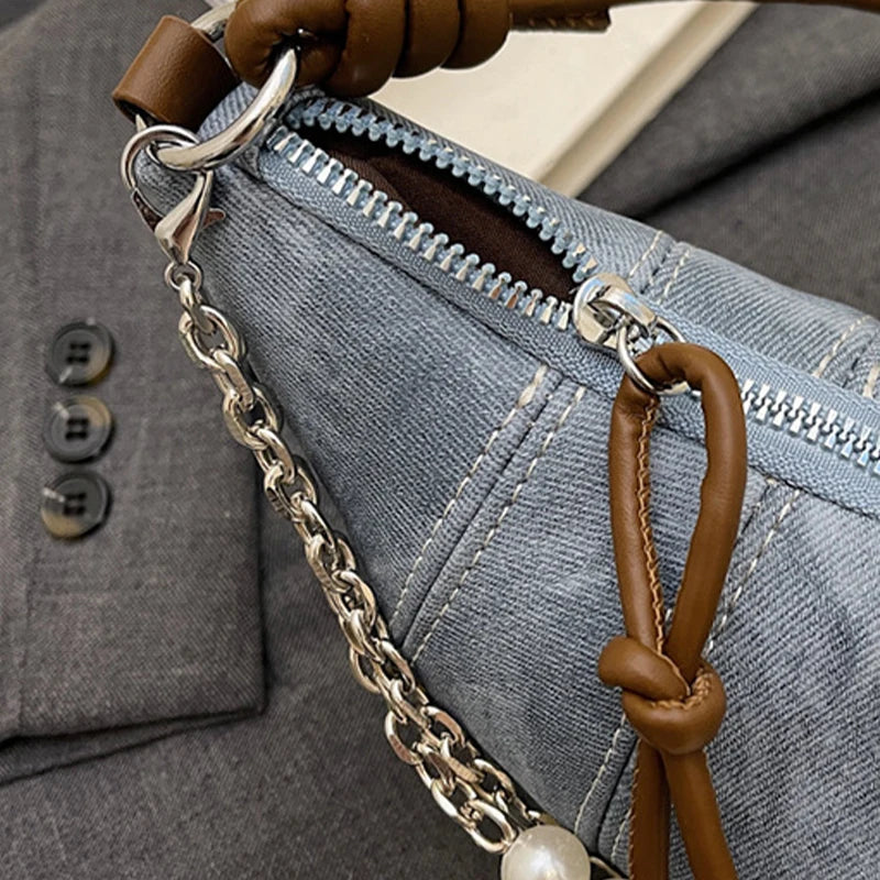 Retro Denim Dumpling Bag Creative Horn Design Pearl Pendant Messenger Bag Brand High-grade Leather Ladies Versatile Shoulder Bag