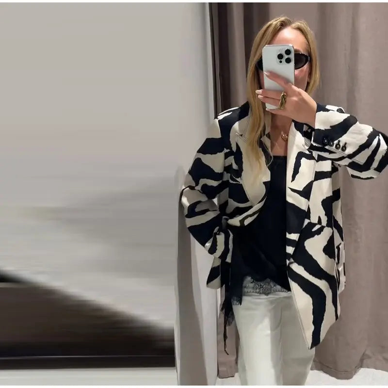 Oversized Zebra Print Long Sleeve Blazer for Women