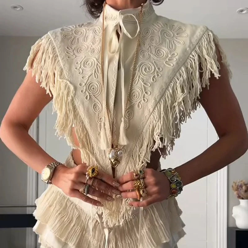 Vintage Asymmetric Tassel Embroidered Shawl For Women