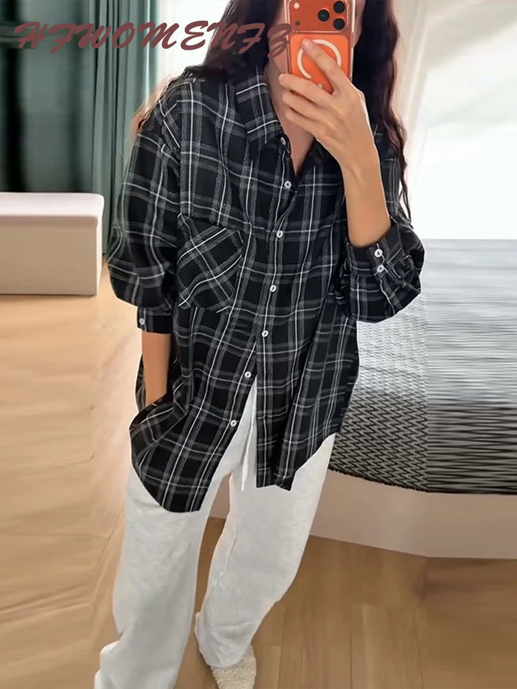Plaid Loose Long Sleeve Button-Front Shirt for Women