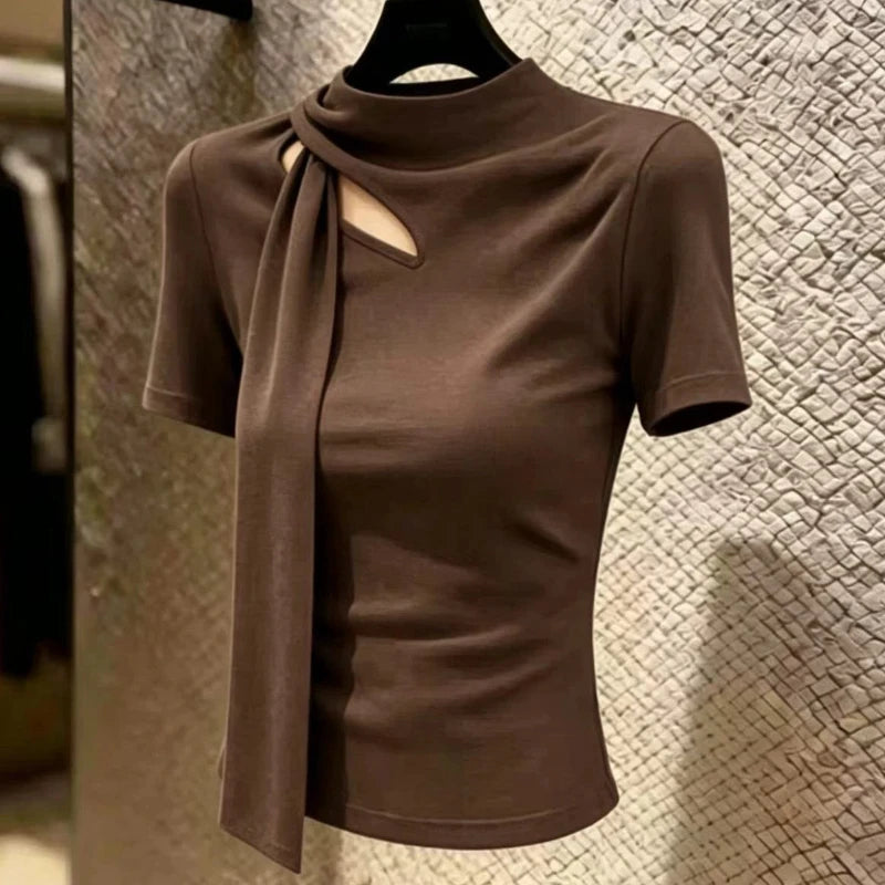 Elegant Hollow Out Slim Fit Short Sleeve Tee For Women