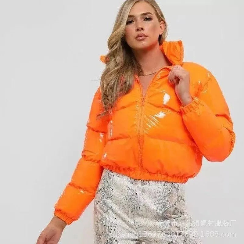 Shiny High Neck Cropped Winter Puffer Jacket for Women