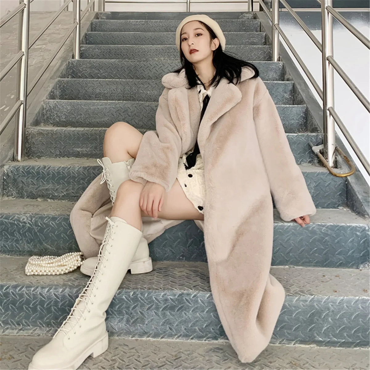 Long Belted Faux Fur Winter Coat