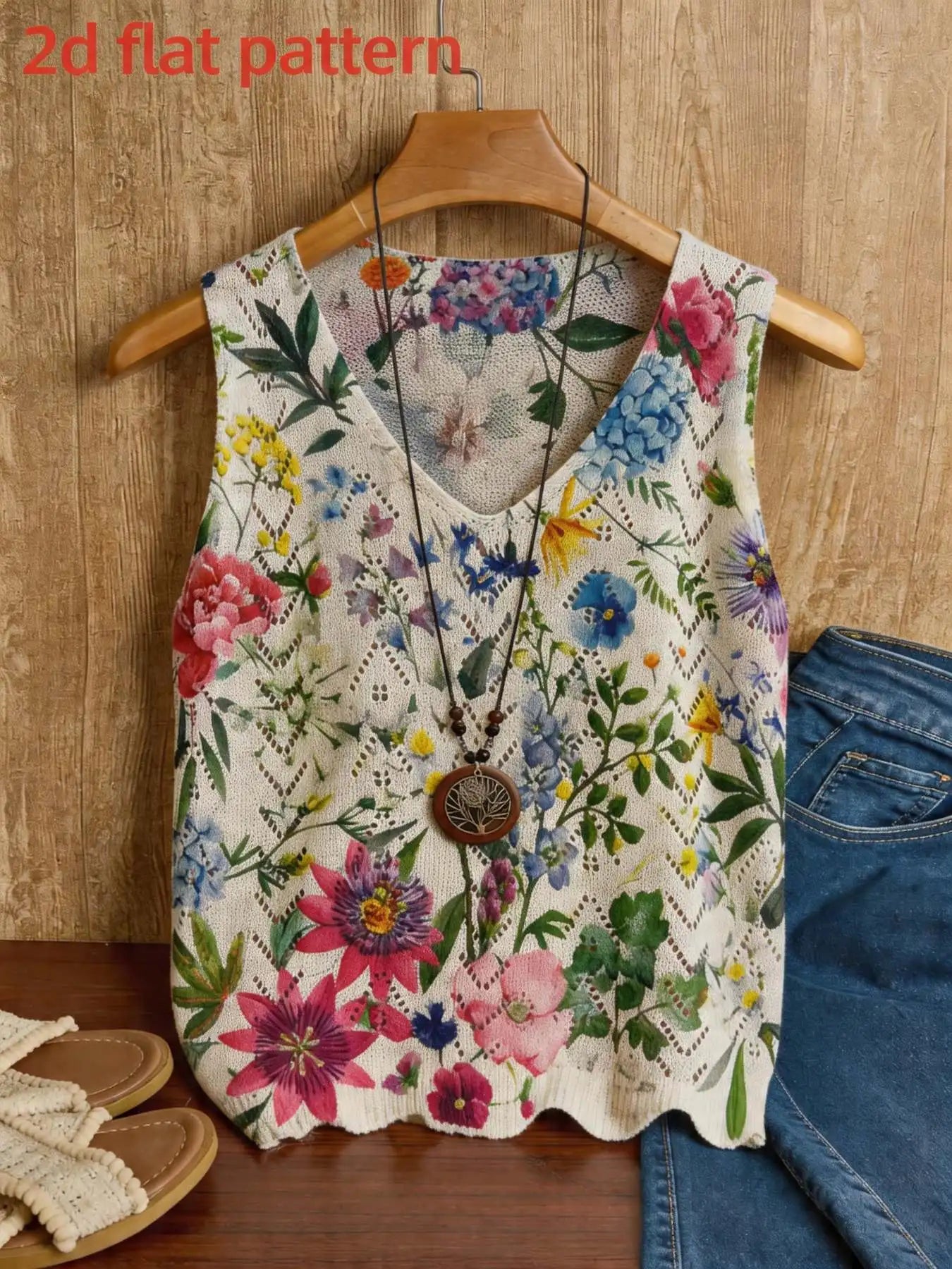 Floral Print V-Neck Pullover Knit Vest Top for Women