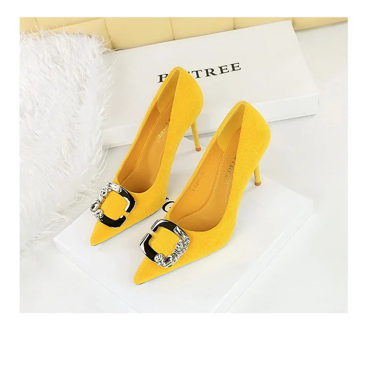 Elegant Rhinestone Buckle Suede High Heel Pumps for Women