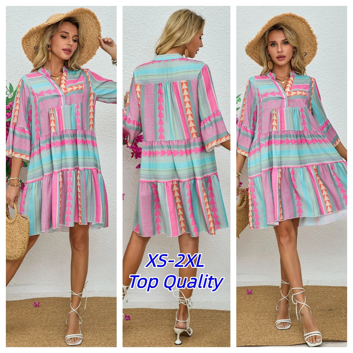 Floral Print V Neck Three Quarter Sleeve Pullover Dress For Women