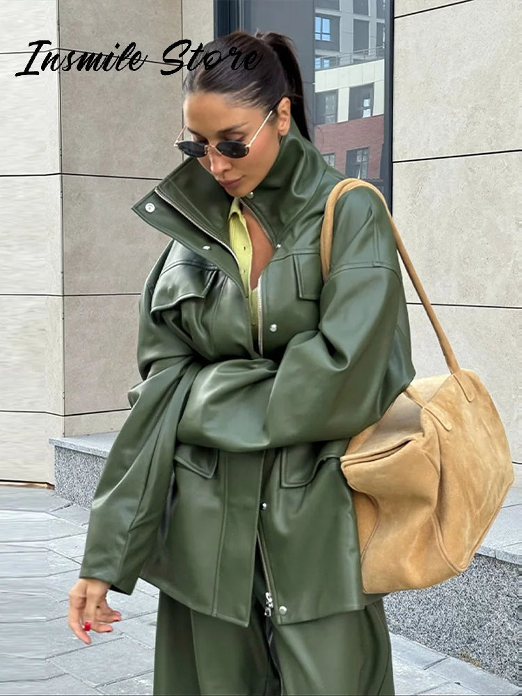 Vintage Cinched Waist Zipper Faux Leather Jacket for Women