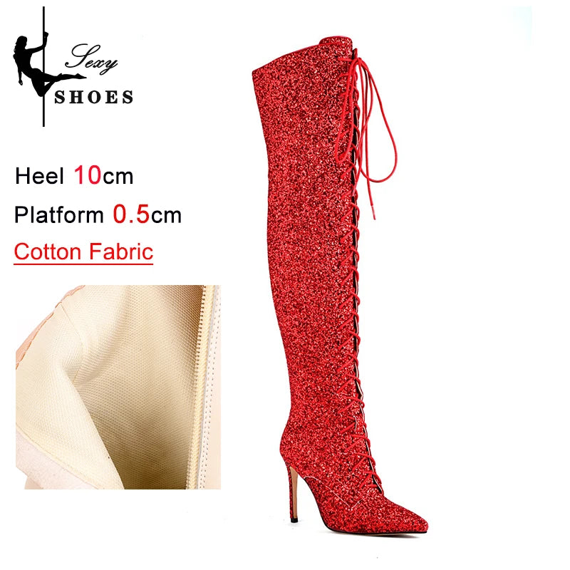 Shiny Sequined Over The Knee High Heel Boots for Women