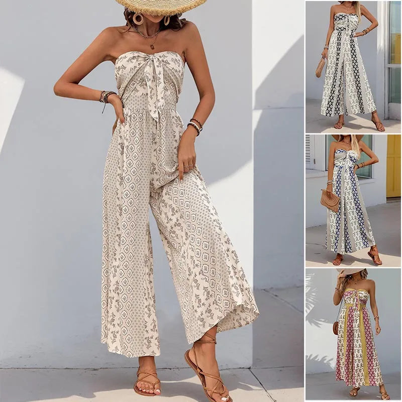 Printed Strapless Tube Top Tie Front Jumpsuit for Women