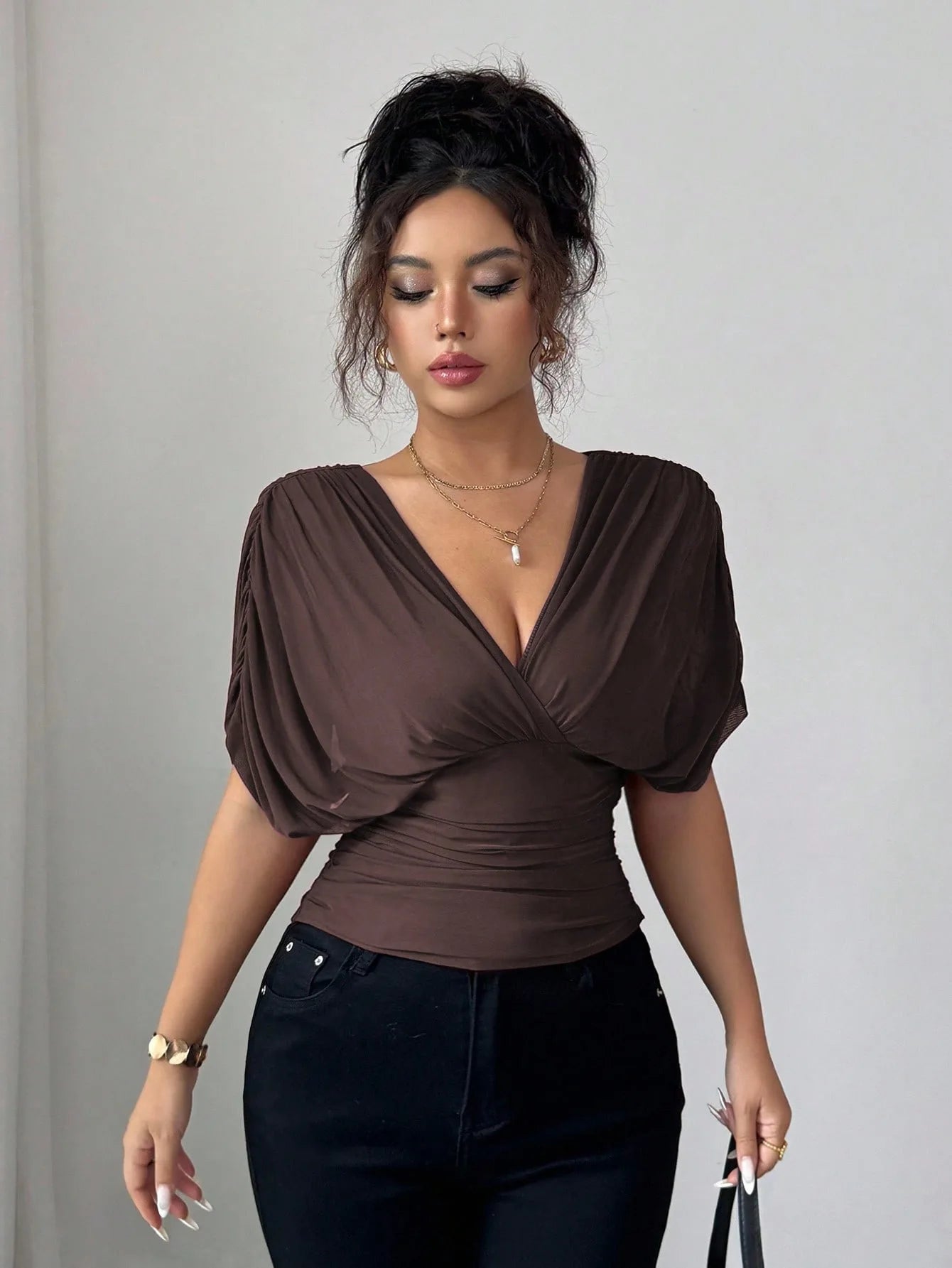 Elegant Deep V Neck Flutter Sleeve Waist Cinching Top for Women