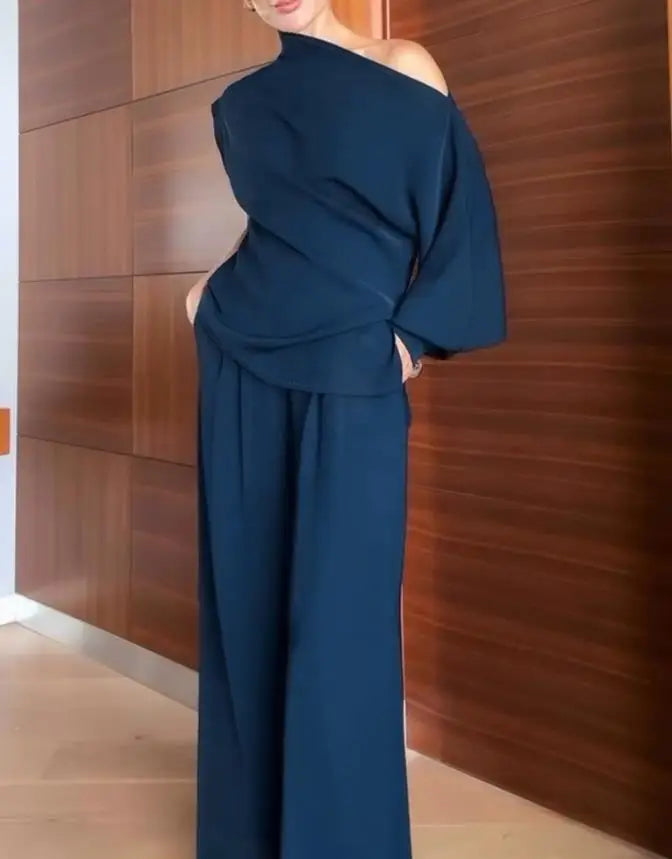 Chic Asymmetrical Skew Neck Two Piece Set For Women