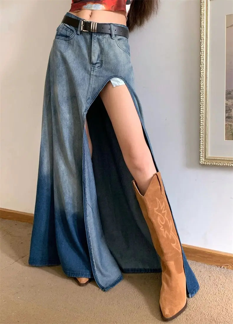 Gradient Wash High Waist Split Denim Long Skirt for Women