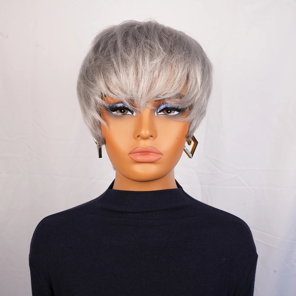 Grey Pixie Cut Human Hair Wig With Bangs For Women