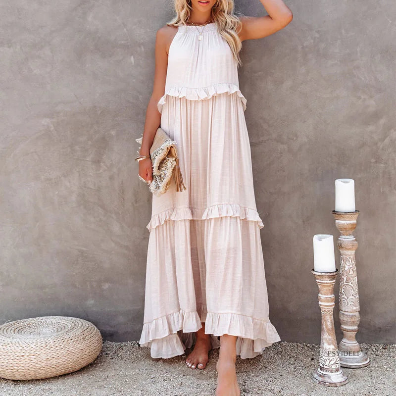 Solid Ruffled Sleeveless Maxi Sundress for Women