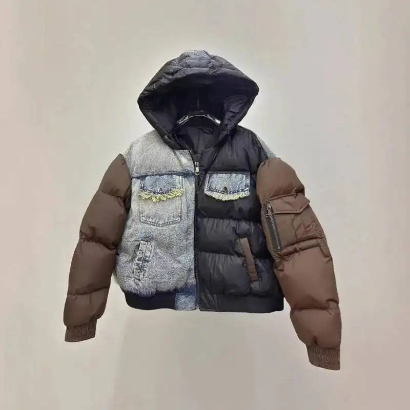 ANJY Autumn Winter New Women European Trendy Padded Coat Heavy-Duty Denim Patchwork Pocket Color-Block Hooded Down Jacket A12508
